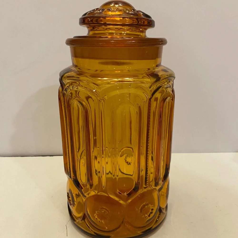 Vintage LE Smith Moon and Stars Amber Glass Canister 11”